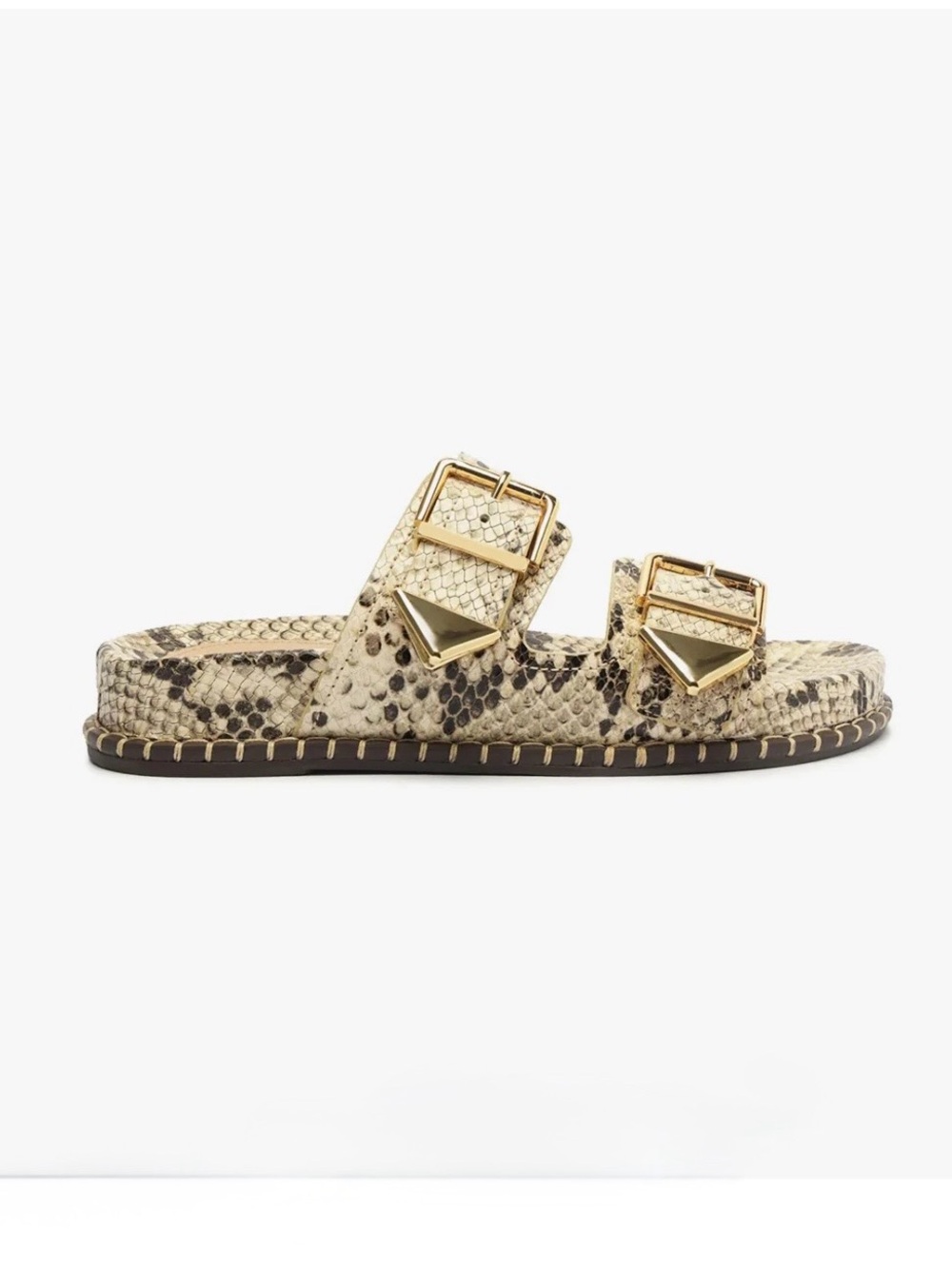 Schutz Naomi Snake Embossed Leather Slide Sandals Gold Buckle, Size 6.5